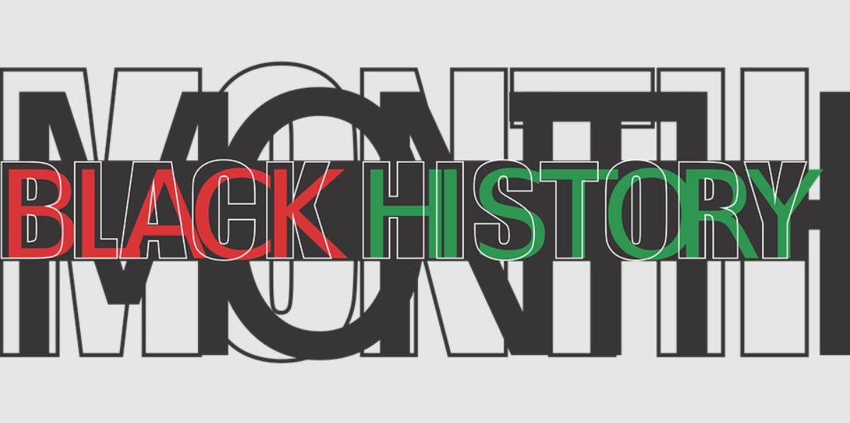 Graphic in Black and White with green and red accents spelling out Black History Month